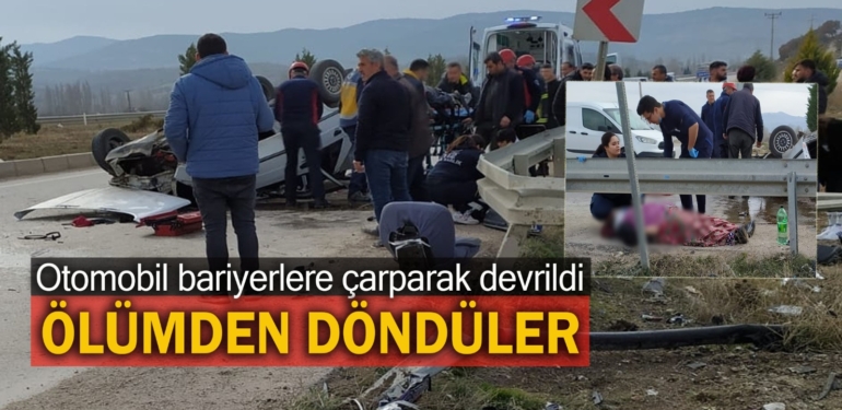 Otomobil bariyerlere çarparak devrildi.. Yaralılar var..