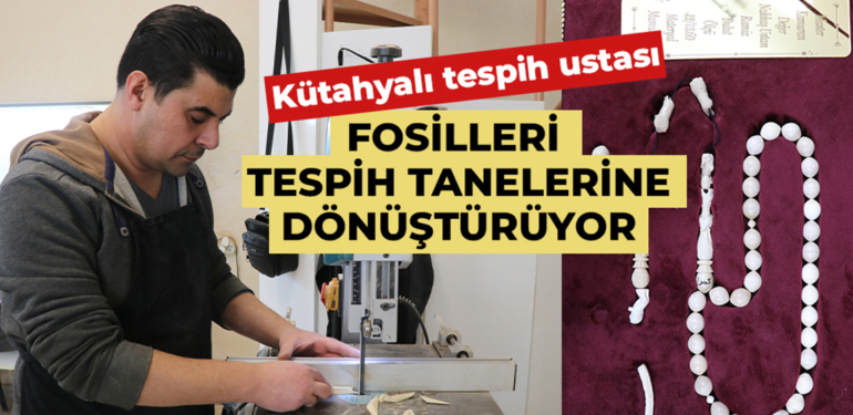 Kütahyalı el sanatları ustası fosil parçaları ve damla kehribardan tespih üretiyor